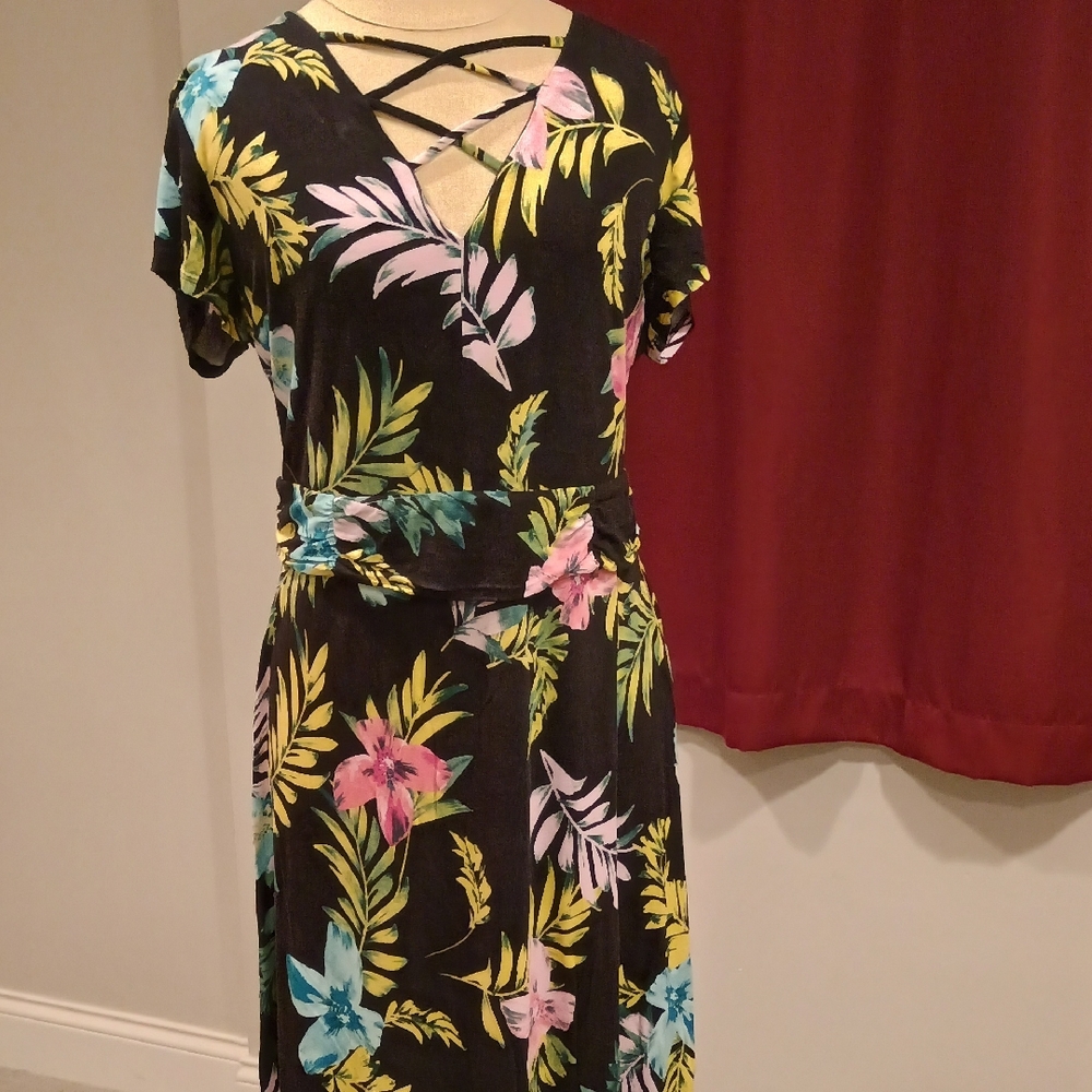 Westport Black Midi Dress with Tropical Floral Design